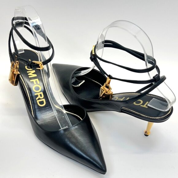 Tom Ford Padlock Black Leather Heels Women Pointed Toe Golden Kitty Heel Size 39 - Picture 1 of 13